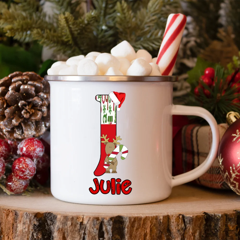 Personlized Reindeer Initial with Name Enamel Cups Christmas Hot Cocoa Chocolate Mug Drink Jiuce Mugs Christmas Gifts for Kids