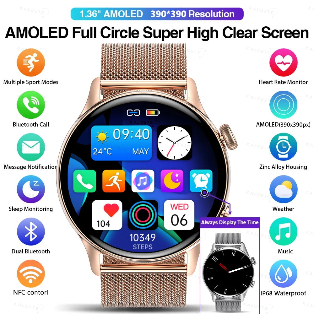 KAVSUMI Smartwatch 2024 New AMOLED 390*390 HD Screen Always On Display Bluetooth Call IP68 Waterproof  NFC Women Men  Smar Watch