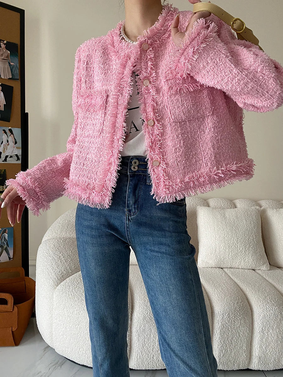 Pink Fringe Fur Shoulder Pad Tweed Jacket Blazer Boucle Crop Coat for Women 2023 Spring