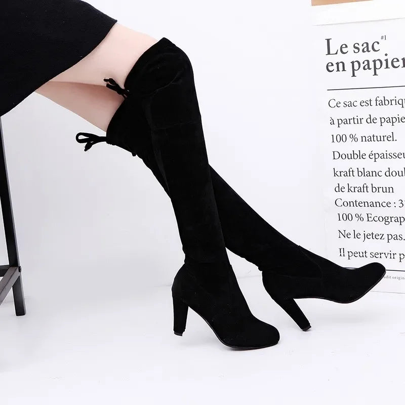 Women Over The Knee Boots Botas Mujer Invierno New Woman in Stretch Fabrics High Heel Slip on Shoes Pointed Toe Long Botte Femme