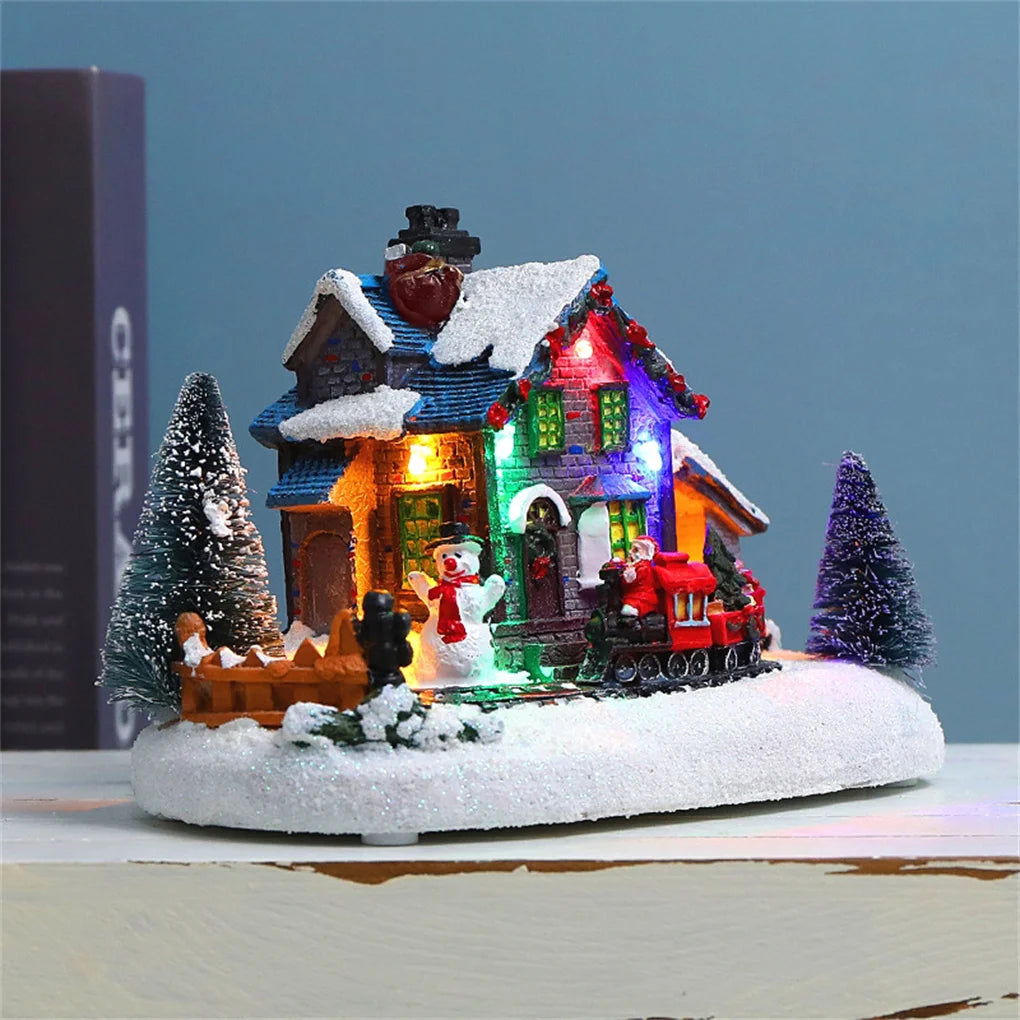 Christmas Village Figurines LED Lights Small Train Christmas Village House Luminous Landscape Figurines Resin Desktop Ornament