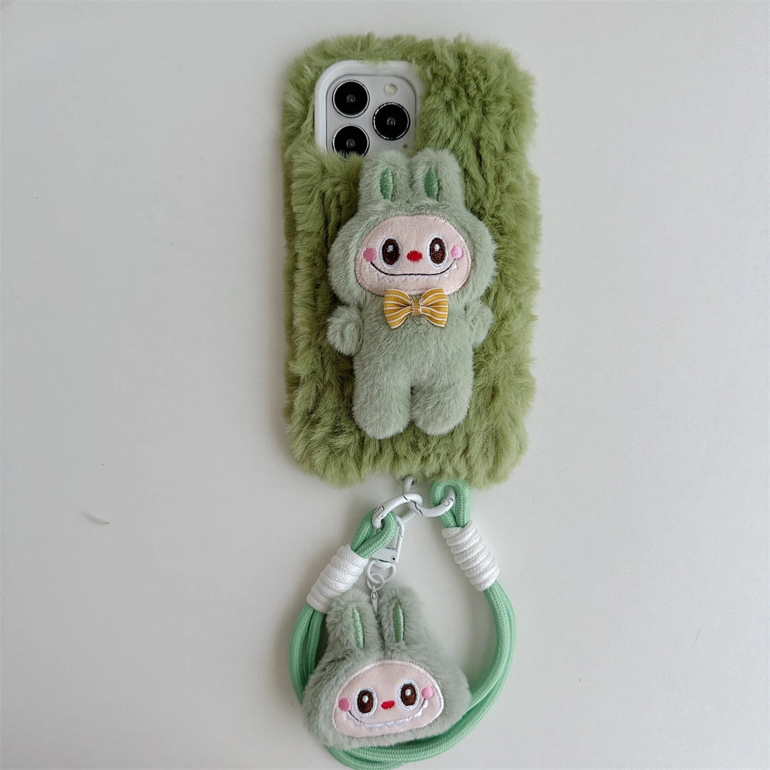 Cartoon Plush Little Monsters Labubu with Lanyard Phone Case for IPhone 16 15 14 13 12 11 Pro Max Anti-drop Back Cover Funda