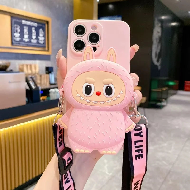 3D Labubu Silicone Wallet Phone Case For Samsung Galaxy S24 Ultra S23 S22 S21 S20 FE S10 S9 S8 Plus Lanyard Strap Cartoon Cover