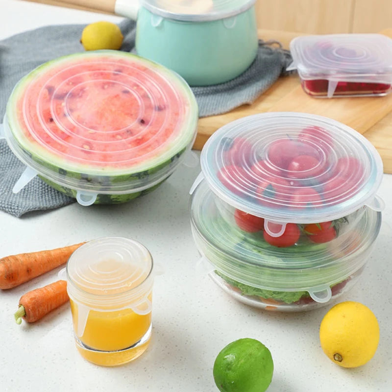 6Pcs/lot Food Adjustable Elastic Silicone Cover Cap Universal Expandable Lids for Cans Dishes Bowl Reusable Stretch Kitchen