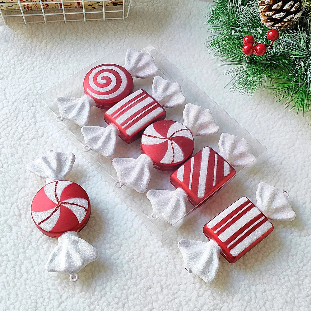 2pc 15cm Large Candy Pendant Christmas Decoration Red And White Lollipop PVC Painted Gold Xmas Tree Decora New Year Kids Gifts