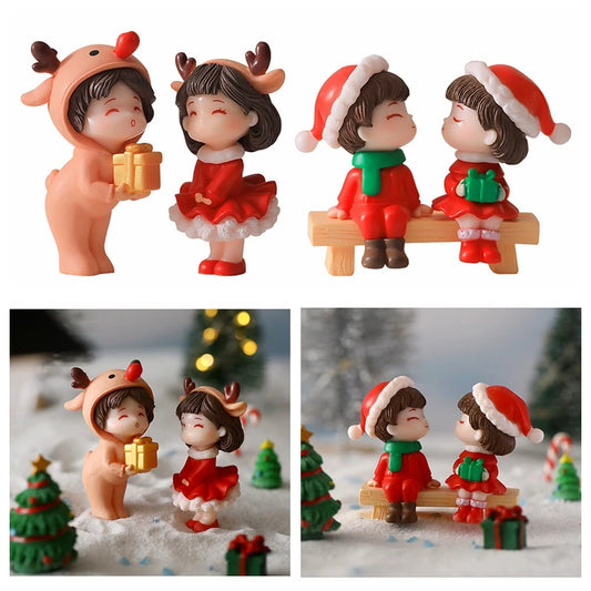 A Pairs Mini Lovers Snowman Santa Claus Miniature Figurines Christmas Ornaments Xmas Gifts Festival Atmosphere DIY Home Decor