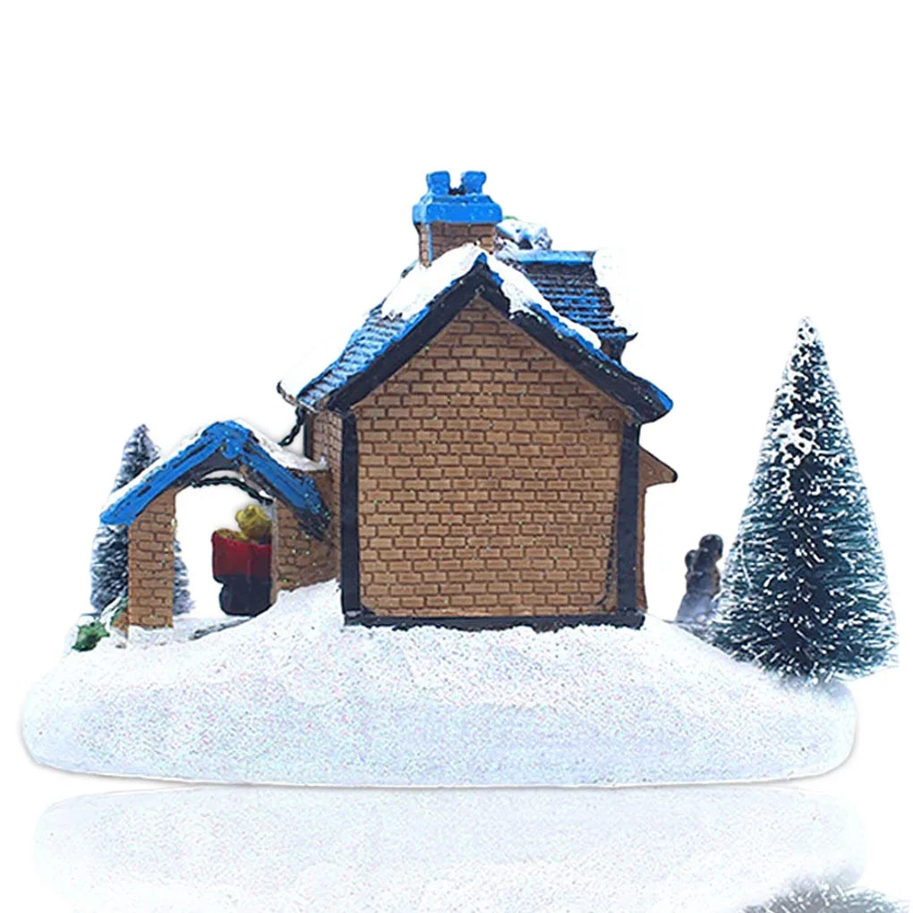 Christmas Village Figurines LED Lights Small Train Christmas Village House Luminous Landscape Figurines Resin Desktop Ornament