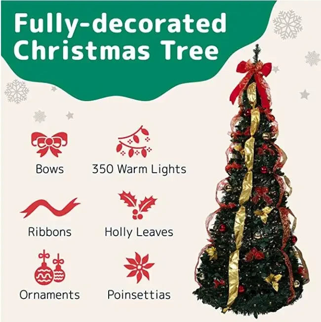 1.8m collapsible folding Christmas Tree Easy installation Pull Up pop-up with 350 Warm Light deci de noel arbil armed fast