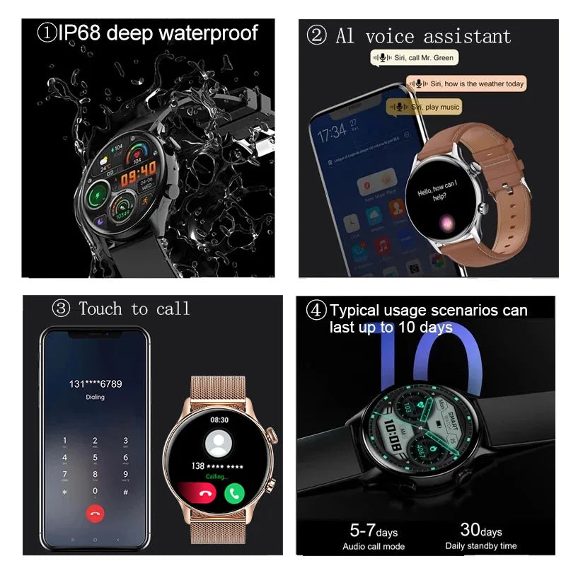 KAVSUMI Smartwatch 2024 New AMOLED 390*390 HD Screen Always On Display Bluetooth Call IP68 Waterproof  NFC Women Men  Smar Watch