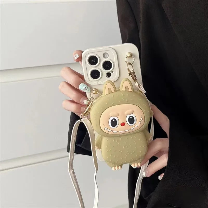 3D Labubu Zipper Silicone Wallet Phone Case For iPhone 16 15 Plus 14 13 12 Mini 11 Pro Max With Lanyard Strap Cartoon Cover