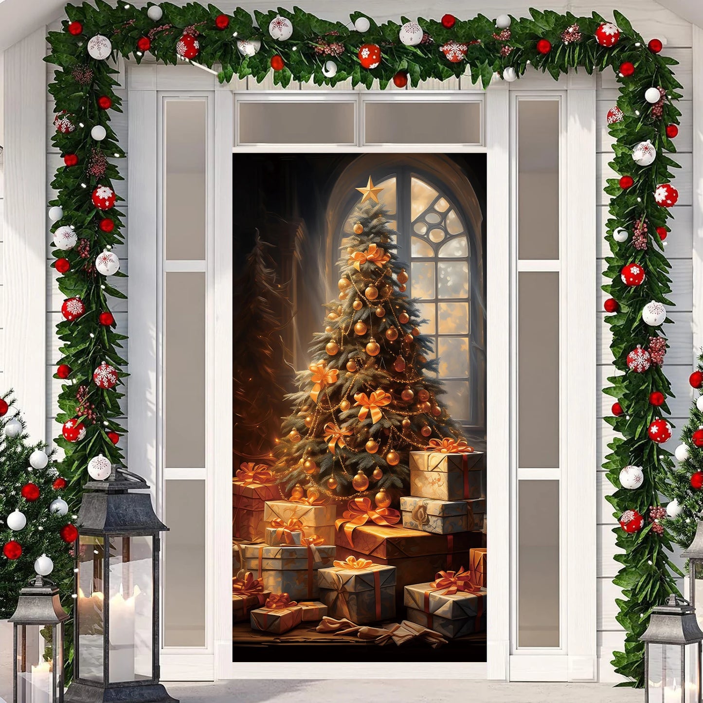 Merry Christmas Door Cover 35 x 71 Inch Christmas Ball Door Cover Backdrops Xmas Tree Door Cover Banner Christmas Balls