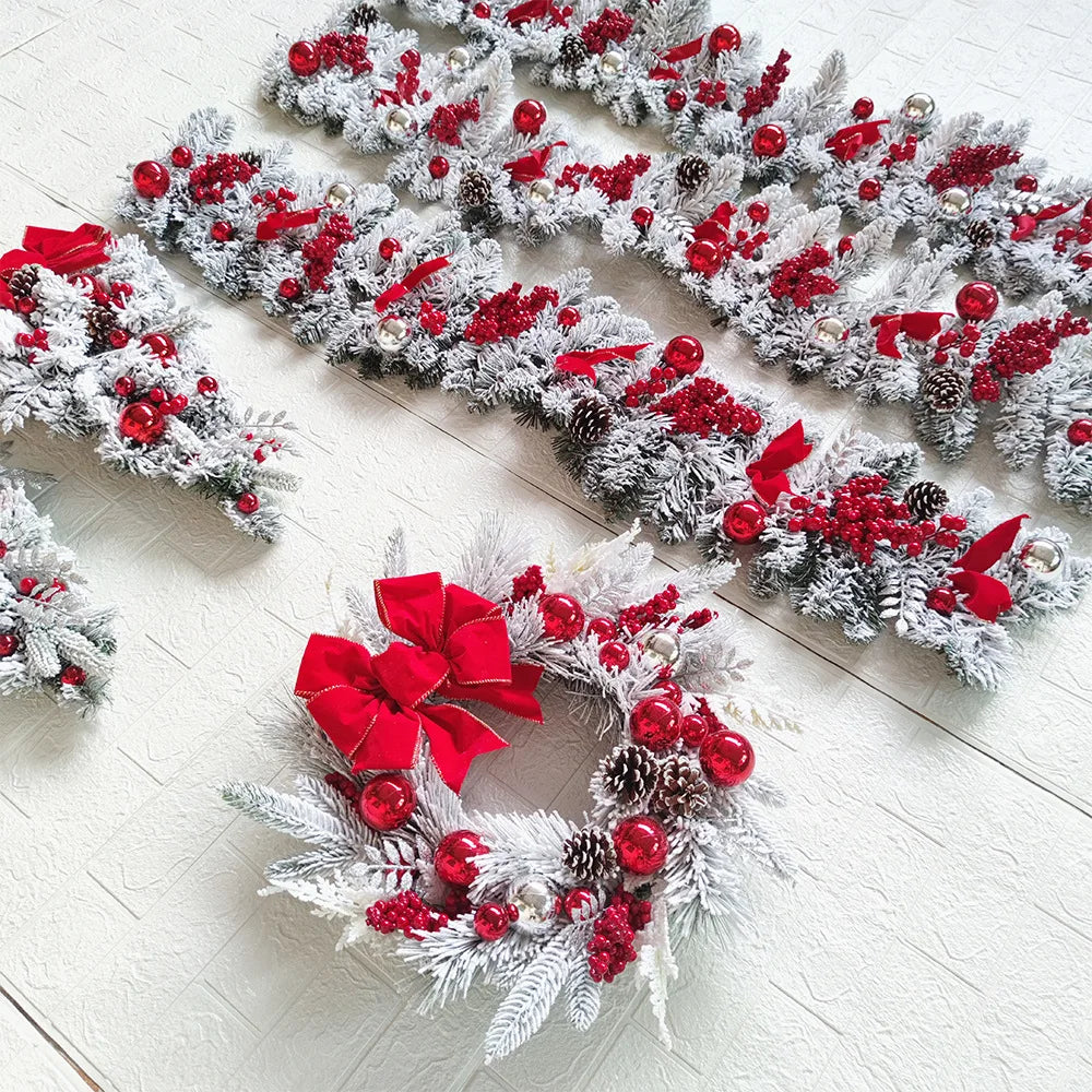 Christmas Wreath Rattan Set Christmas Decoration 2025 Red Bow Wreath For Front Door Xmas Decor Flower Garland Outdoor Home Decor