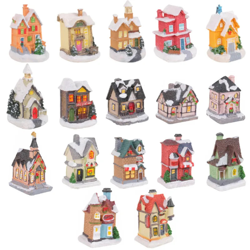 Mini LED Christmas Village Houses Building Xmas Winter Village Town Buildings Collection Home Indoor Room Decoration Xmas Gifts