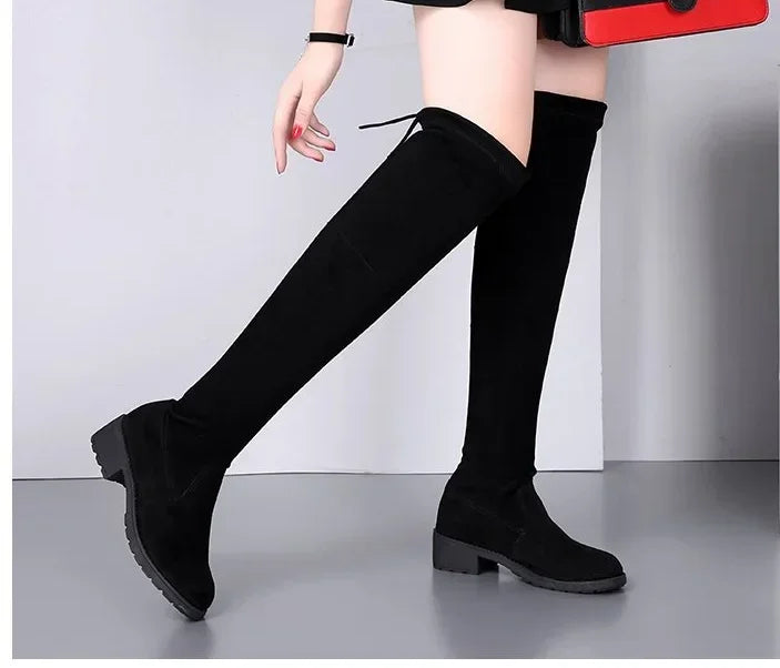 Women Boots Winter Black Over The Knee Boots 2024 New Comfort Lace Up Chunky High Heels Shoes Fashion Warm Suede Round Toe Boots