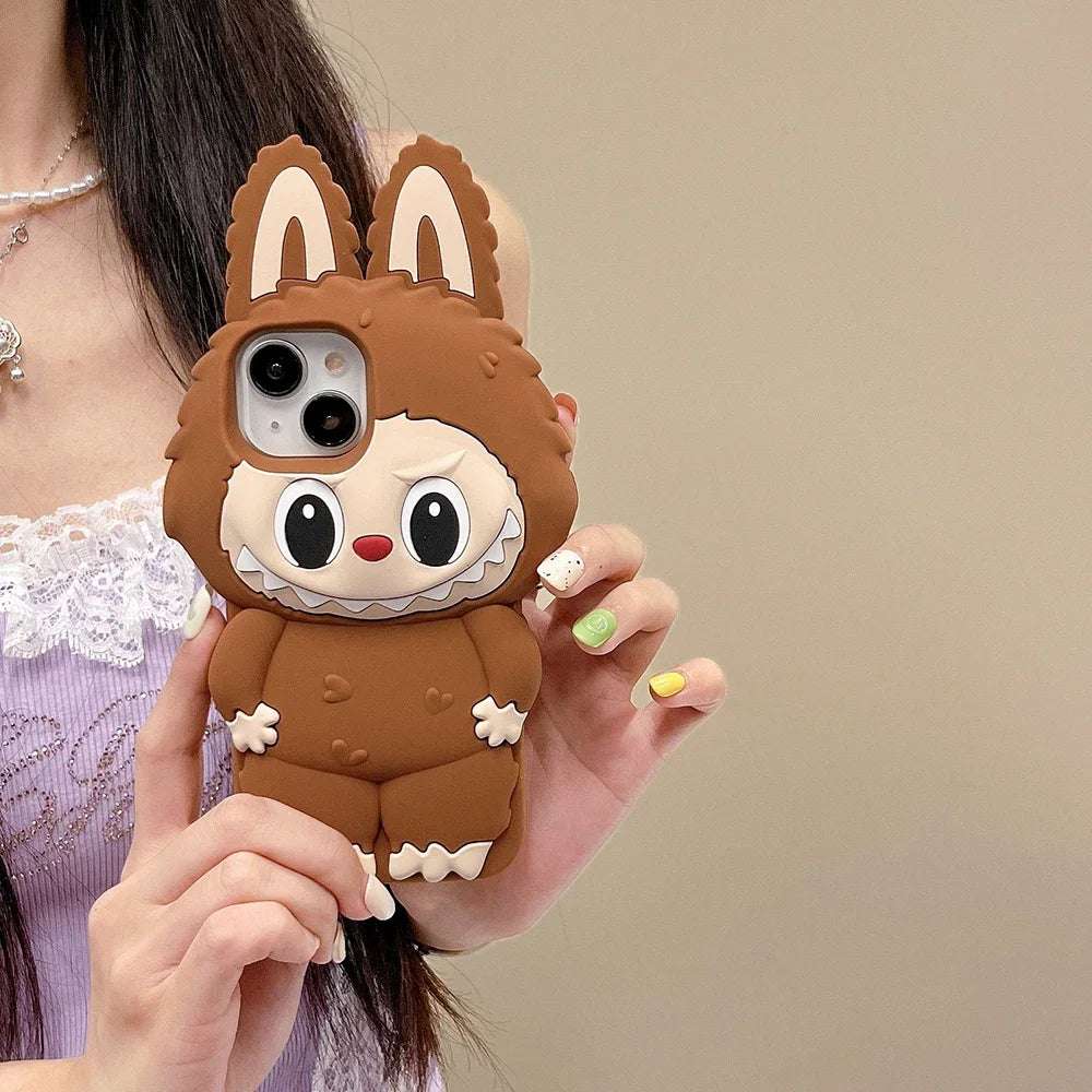 3D Cartoon Stereoscopic Brown Labubu Phone Case for IPhone 16 15 14 13 12 11 Pro Max Soft Silicone Back Cover Girl Gift