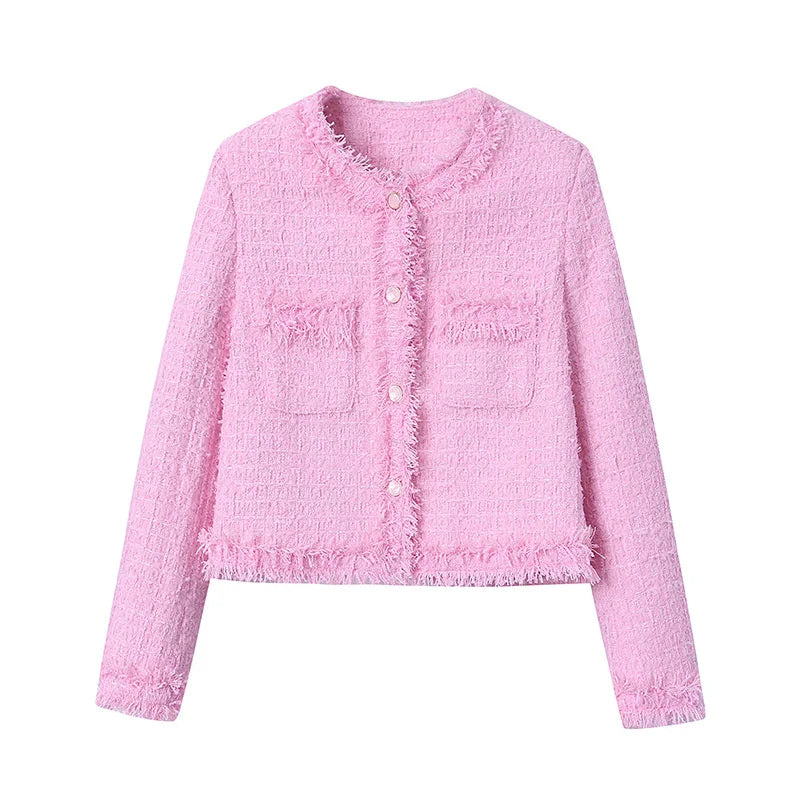 Pink Fringe Fur Shoulder Pad Tweed Jacket Blazer Boucle Crop Coat for Women 2023 Spring