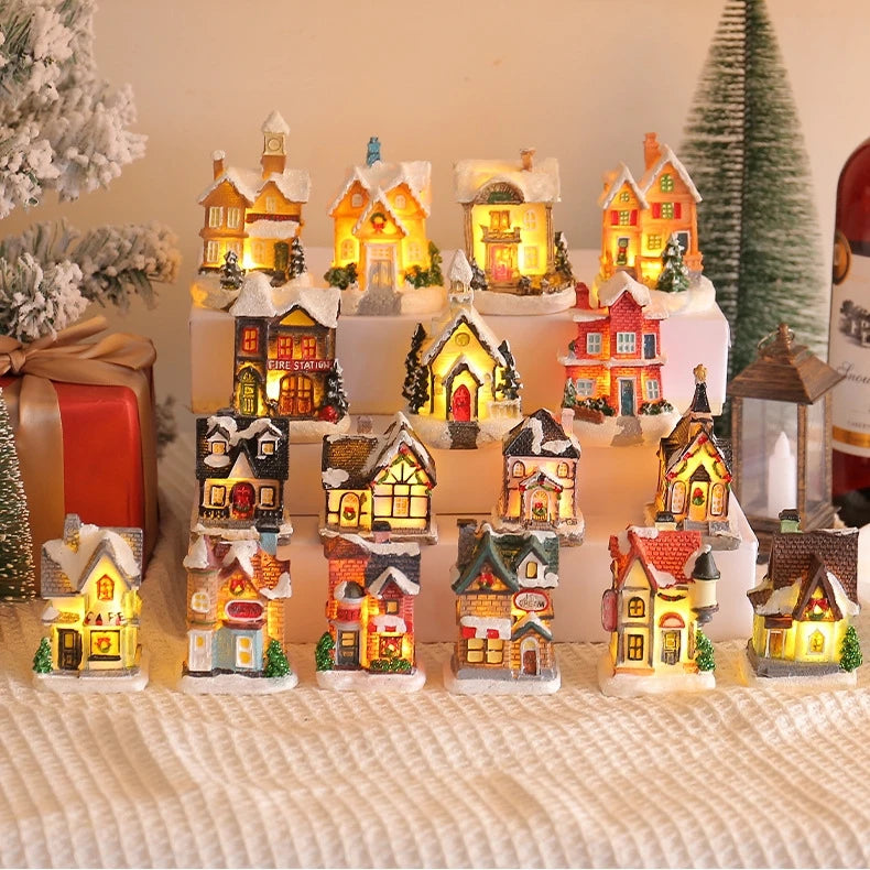 Mini LED Christmas Village Houses Building Xmas Winter Village Town Buildings Collection Home Indoor Room Decoration Xmas Gifts