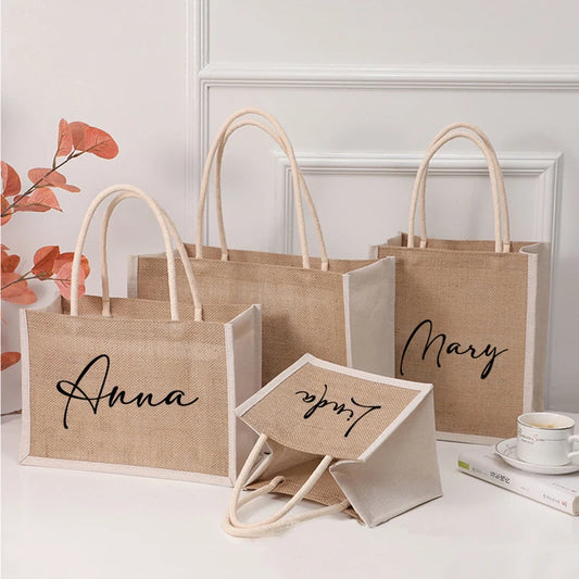 Custom Name Jute Handbag with Name Wedding Bachelorette Party Bridesmaid Gift Bag Personalized Girls Trip Beach Bags Burlap