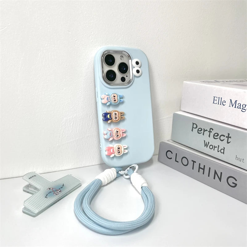 3D Labubu Cartoon Phone Case For iPhone 16 promax 15 14 Plus 13 12 11 Pro Max Mini With Wrist Strap Cute Eyes Soft Cover