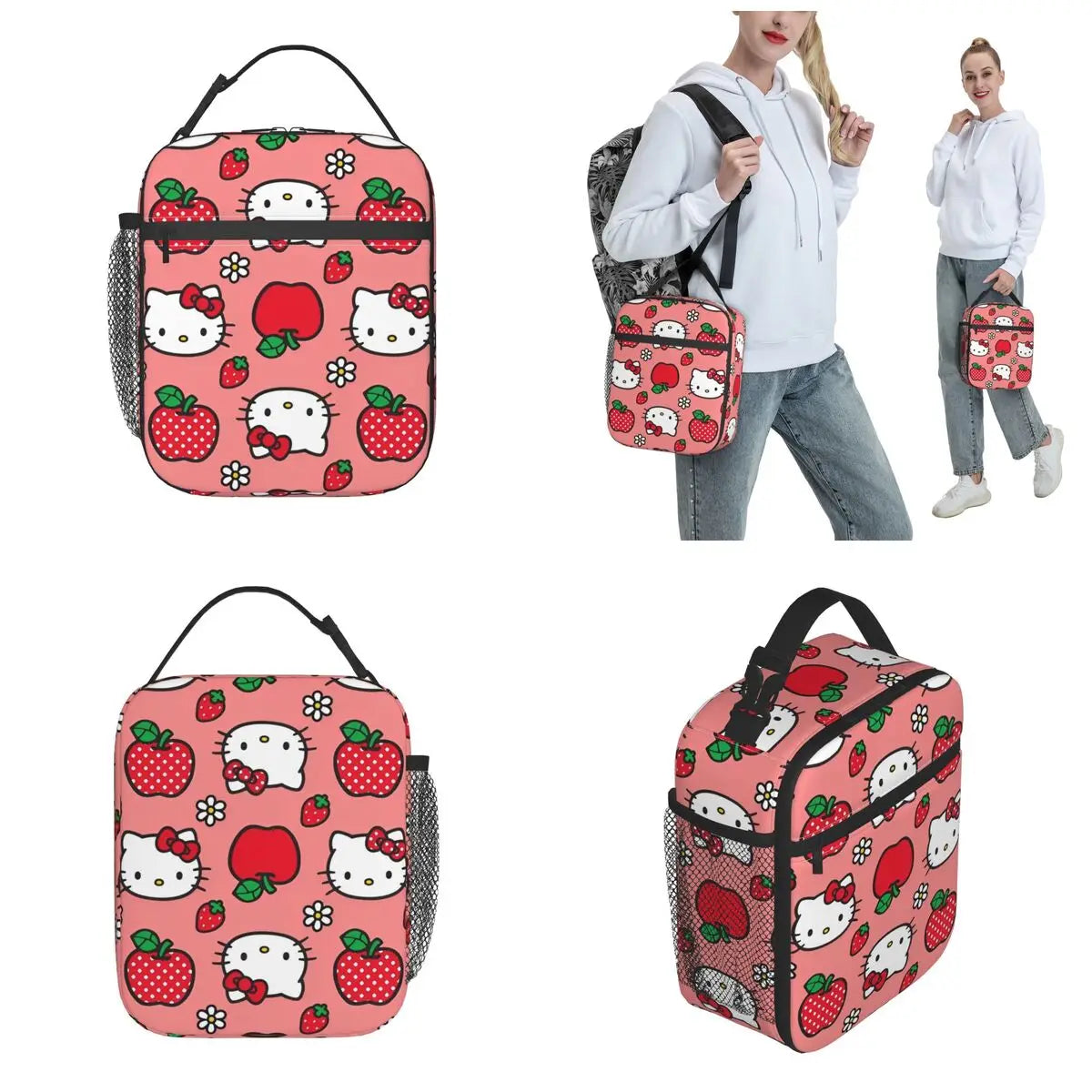 Hello Kitty Apple Strawberry Flower Pattern Insulated Lunch Bag Cooler Bag Meal Container Leakproof Tote Lunch Box School Travel