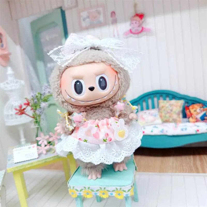 17cm Labubu Clothes Cute Mini Plush Doll's Outfit Accessories Suit Overalls Dress Hairpin for Labubu Dolls Fans Children Gift