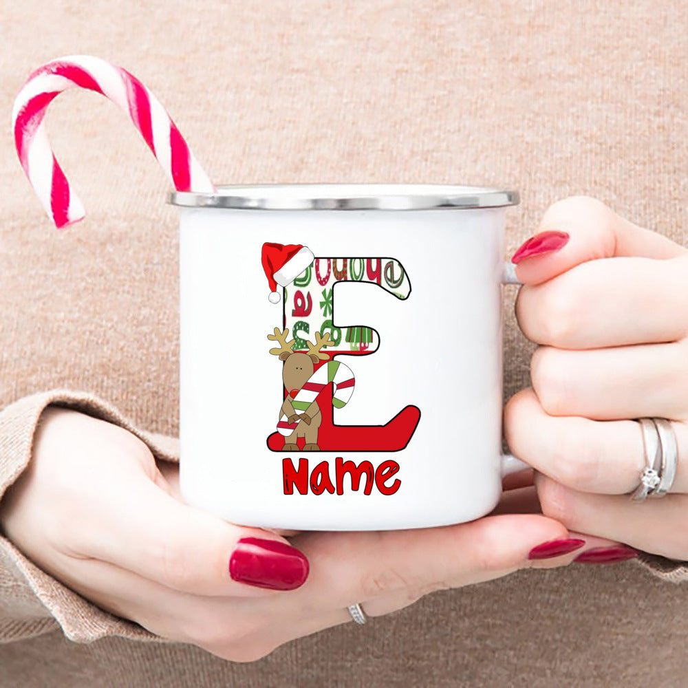 Personlized Reindeer Initial with Name Enamel Cups Christmas Hot Cocoa Chocolate Mug Drink Jiuce Mugs Christmas Gifts for Kids