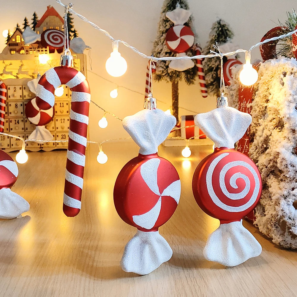 2pc 15cm Large Candy Pendant Christmas Decoration Red And White Lollipop PVC Painted Gold Xmas Tree Decora New Year Kids Gifts