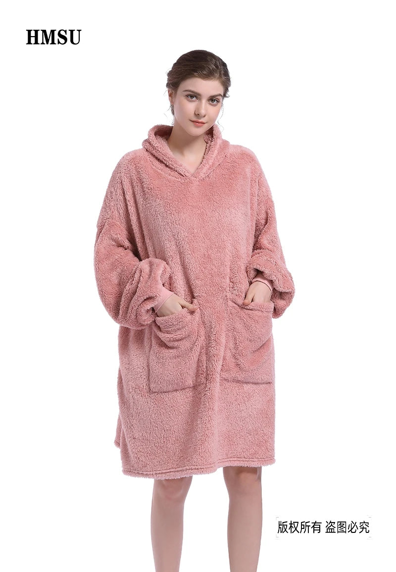 HMSU Oversized Hoodie Blanket With Sleeves Sweatshirt Plaid Winter Fleece Hoody Women Pocket Female Hooded Sweat Oversize Femme