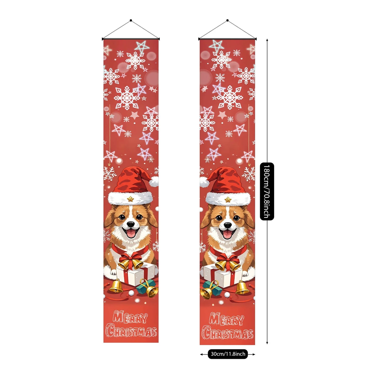 Merry Christmas Hanging Banner Porch Sign with Pattern Santa Claus Christmas Tree Snow Cap Gift Banner for Home Yard Indoor