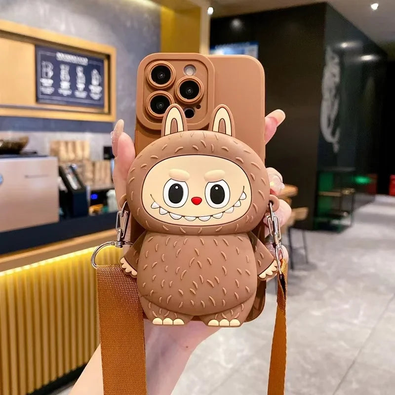 3D Labubu Zipper Silicone Wallet Phone Case For iPhone 16 15 Plus 14 13 12 Mini 11 Pro Max With Lanyard Strap Cartoon Cover