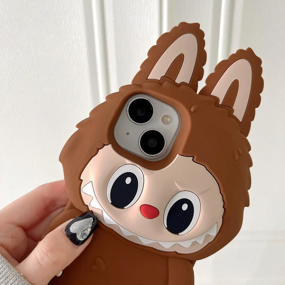 3D Cartoon Stereoscopic Brown Labubu Phone Case for IPhone 16 15 14 13 12 11 Pro Max Soft Silicone Back Cover Girl Gift