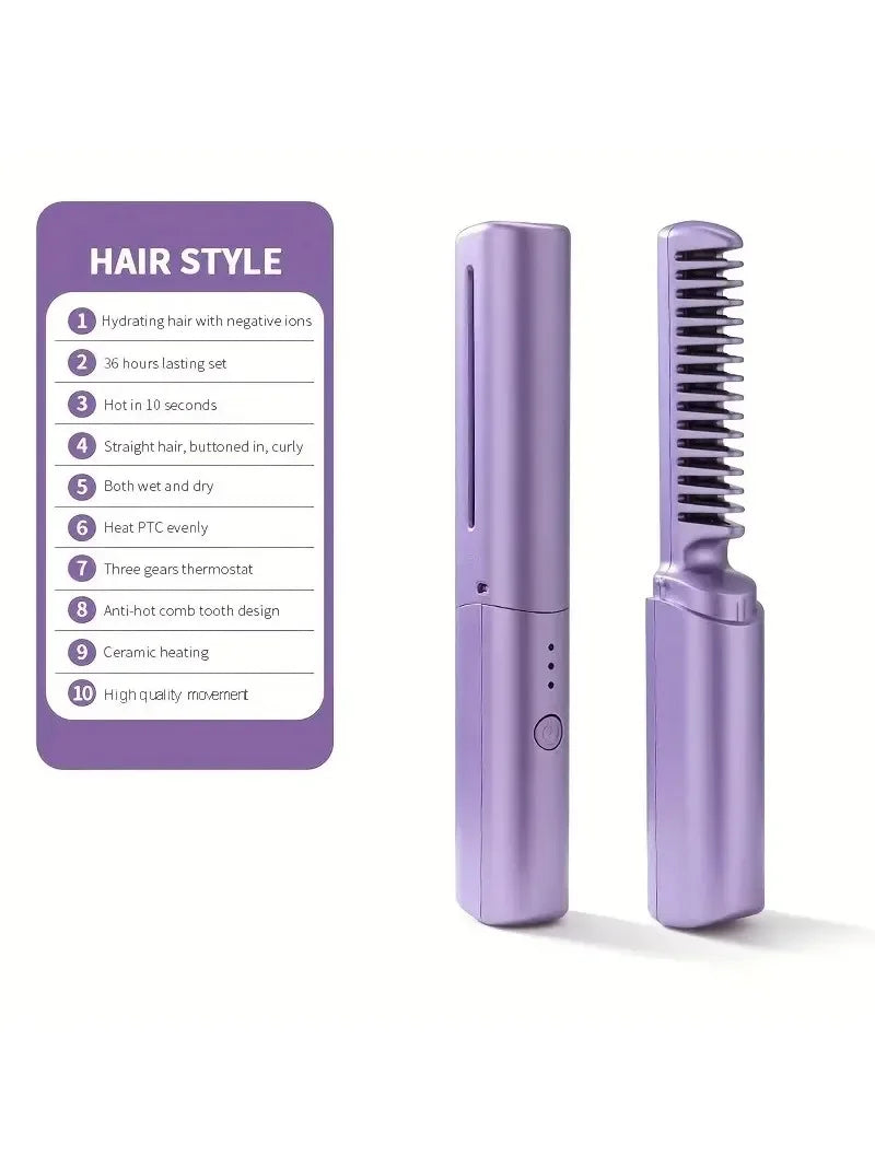 Portable Wireless Electric Hair Brushes Heating Straight Curly Negative Ion Hot Straightener Comb USB Charge Home Travel Women