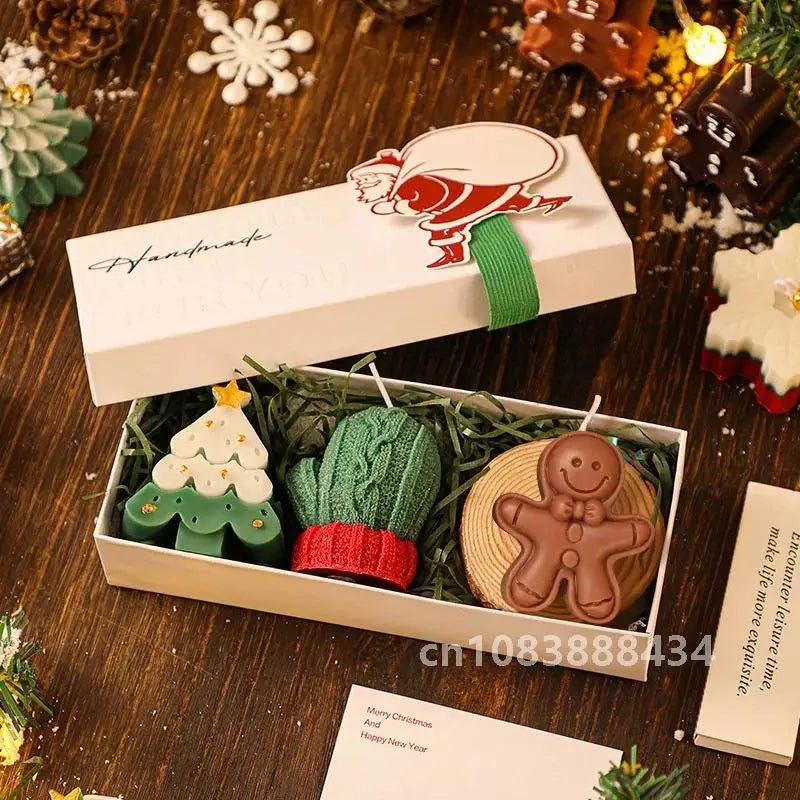 Creative 3-piece Christmas Handmade scented candle gift set. Green Christmas tree, white deer. Ginger candy man. Green gloves.