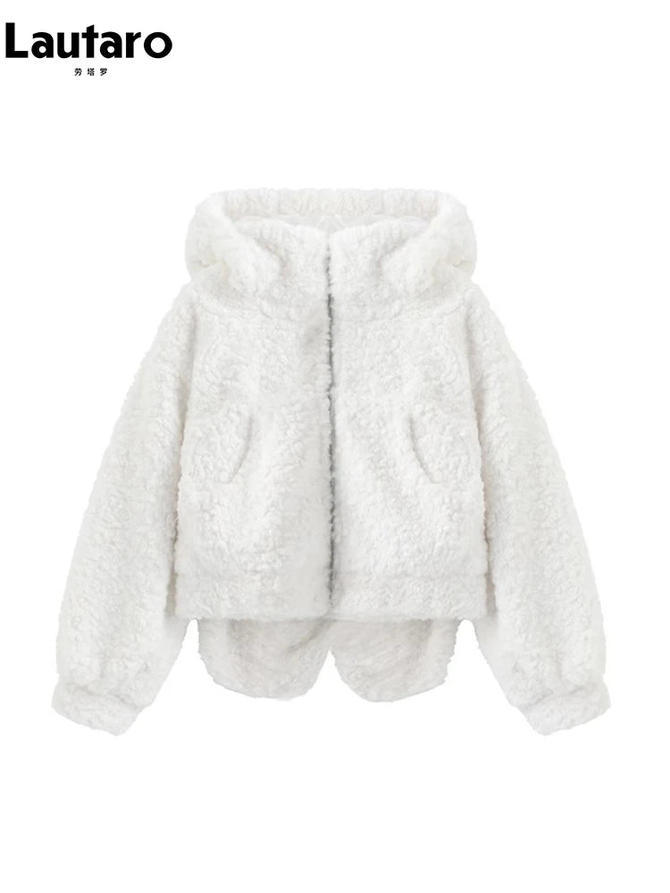 Lautaro Autumn Winter Sweet Cute Lovely Warm Soft White Short Faux Fur Coat Women  with Bunny Ears Fluffy Jacket Hoodie 2023