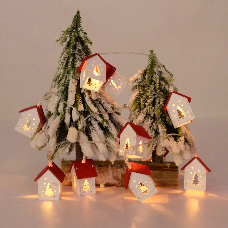 Christmas Wooden House LED String Light Xmas Tree Hanging Ornament 2024 Christmas Decoration For Home Kids New Year Gift Navidad