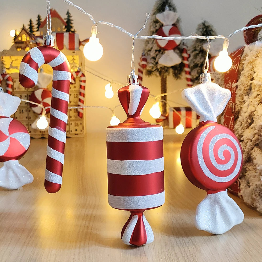 2pc 15cm Large Candy Pendant Christmas Decoration Red And White Lollipop PVC Painted Gold Xmas Tree Decora New Year Kids Gifts