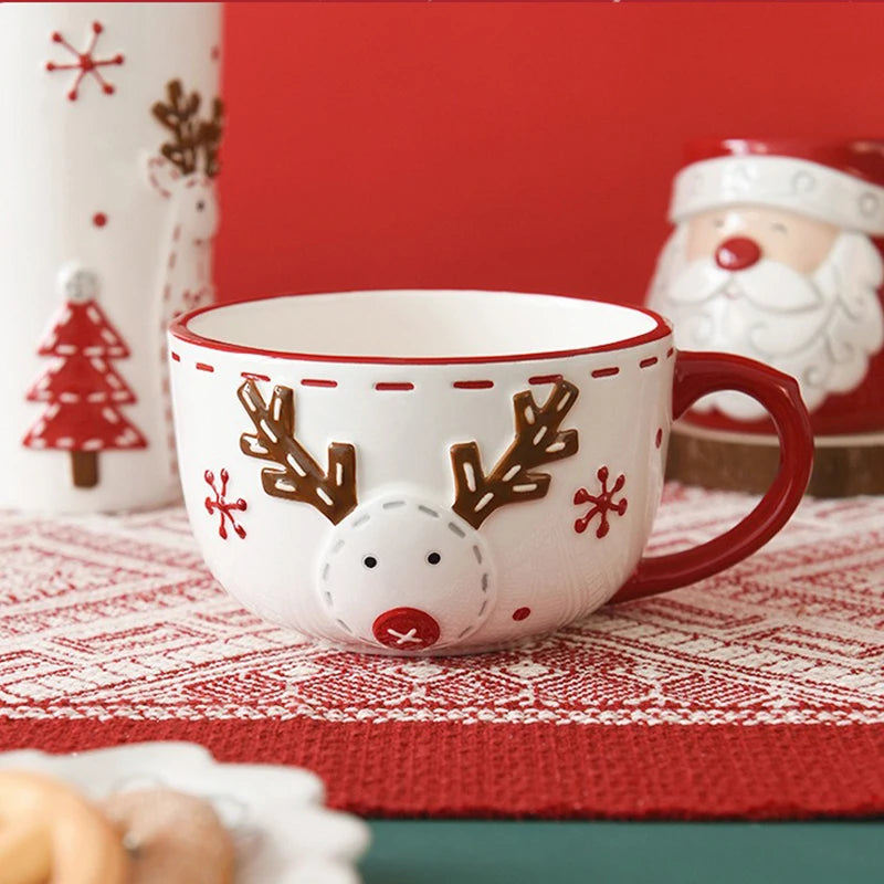 Nordic Christmas Ceramic Mug Santa Claus Cartoon Pattern Mousse Coffee Cup Home Breakfast Dessert Milk Mug for Kids Xmas Gift