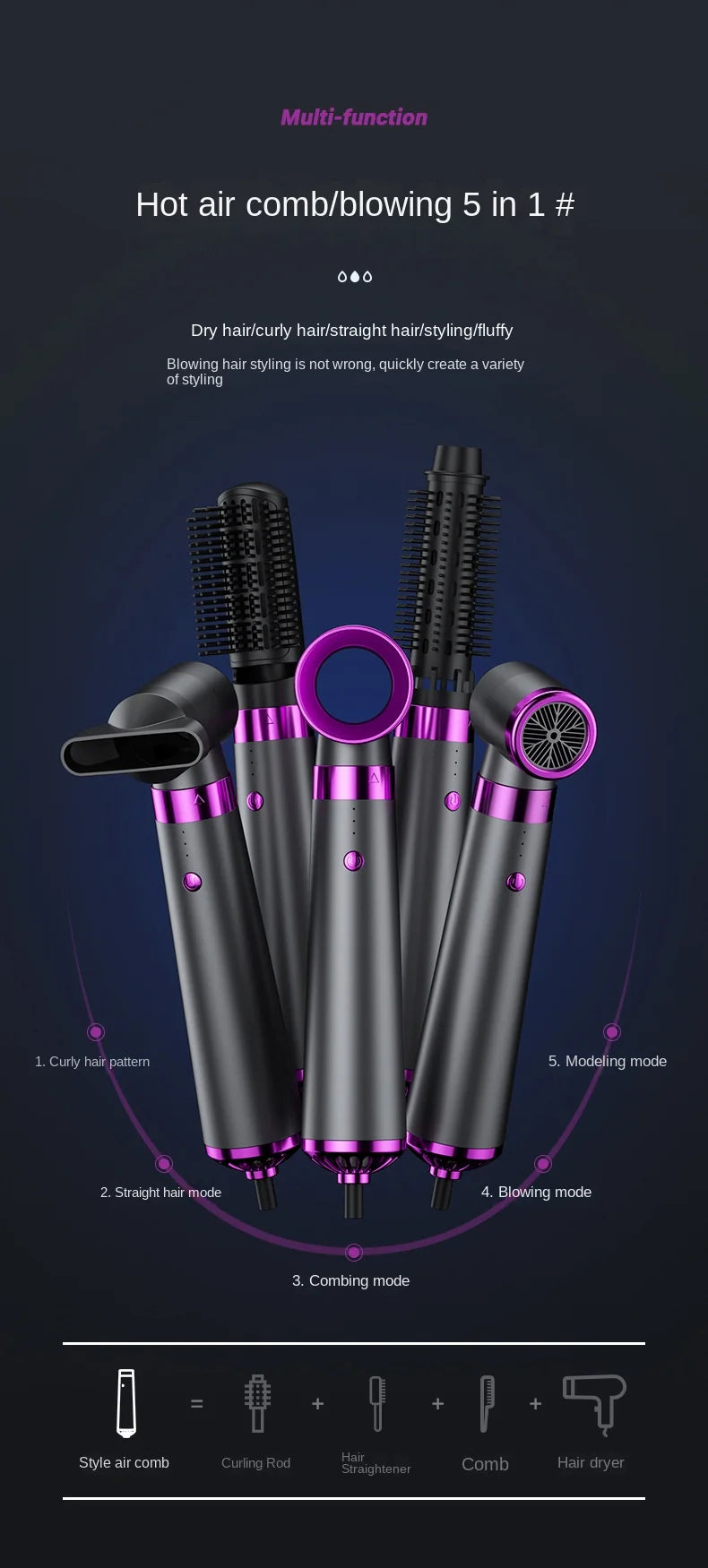 5 in 1 Quality Hairdryer Comb Hot Air Comb for Curling and Straightening Hair Automatic Straight Hair Comb Styling Hair Dryer