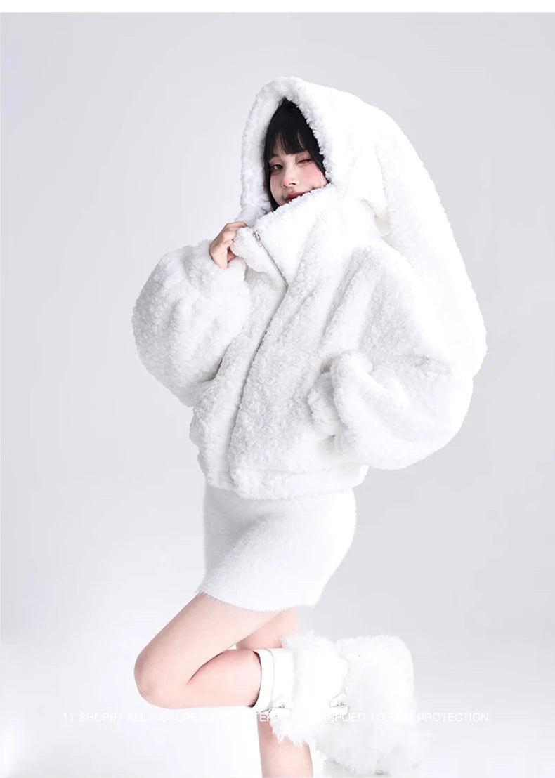 Lautaro Autumn Winter Sweet Cute Lovely Warm Soft White Short Faux Fur Coat Women  with Bunny Ears Fluffy Jacket Hoodie 2023