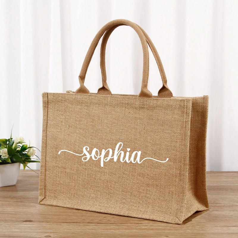 Custom Name Jute Handbag Personalized A-Z Burlap Logo Print Shopping Bag Tote Boutique Small Business Gift Girls Trip Wedding