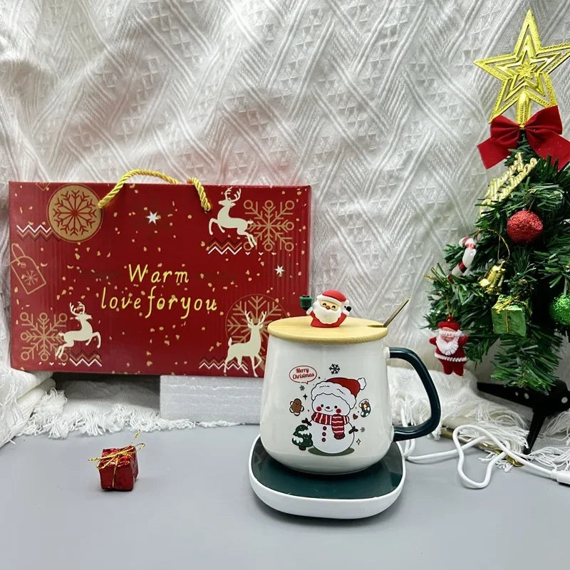 Christmas Gift Set: Warm 55℃ Ceramic Mug with Lid featuring Santa Claus for Office or Home Use