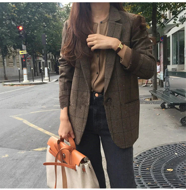 Spring Autumn Summer Plaid Blazer Women Jacket New Korean Style Slim Long Sleeve Casual Fashion Business Suit Coats Woman