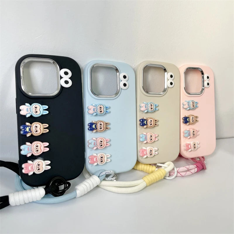 3D Labubu Cartoon Phone Case For iPhone 16 promax 15 14 Plus 13 12 11 Pro Max Mini With Wrist Strap Cute Eyes Soft Cover