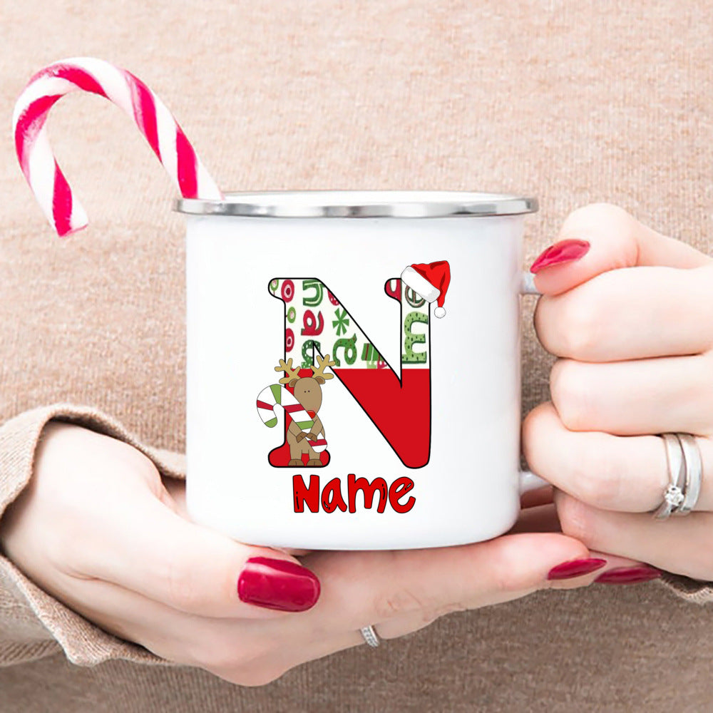 Personlized Reindeer Initial with Name Enamel Cups Christmas Hot Cocoa Chocolate Mug Drink Jiuce Mugs Christmas Gifts for Kids