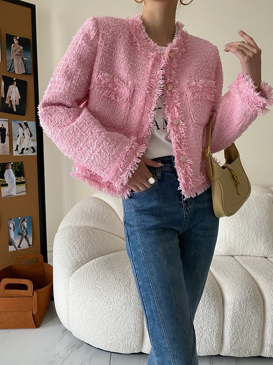 Pink Fringe Fur Shoulder Pad Tweed Jacket Blazer Boucle Crop Coat for Women 2023 Spring