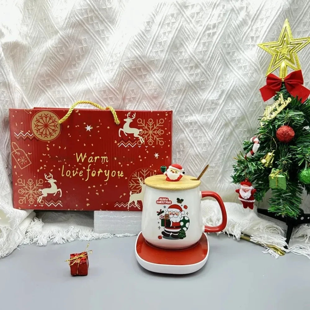 Christmas Gift Set: Warm 55℃ Ceramic Mug with Lid featuring Santa Claus for Office or Home Use