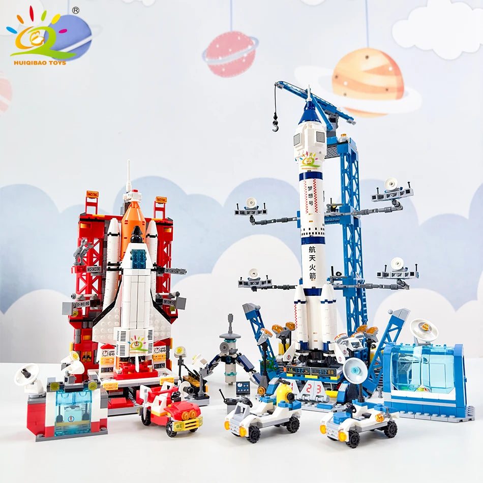 HUIQIBAO Aviation Spaceport Model Space Shuttle Rocket Launch Center Construction Building Blocks MOC Spaceship Kids Bricks Toy