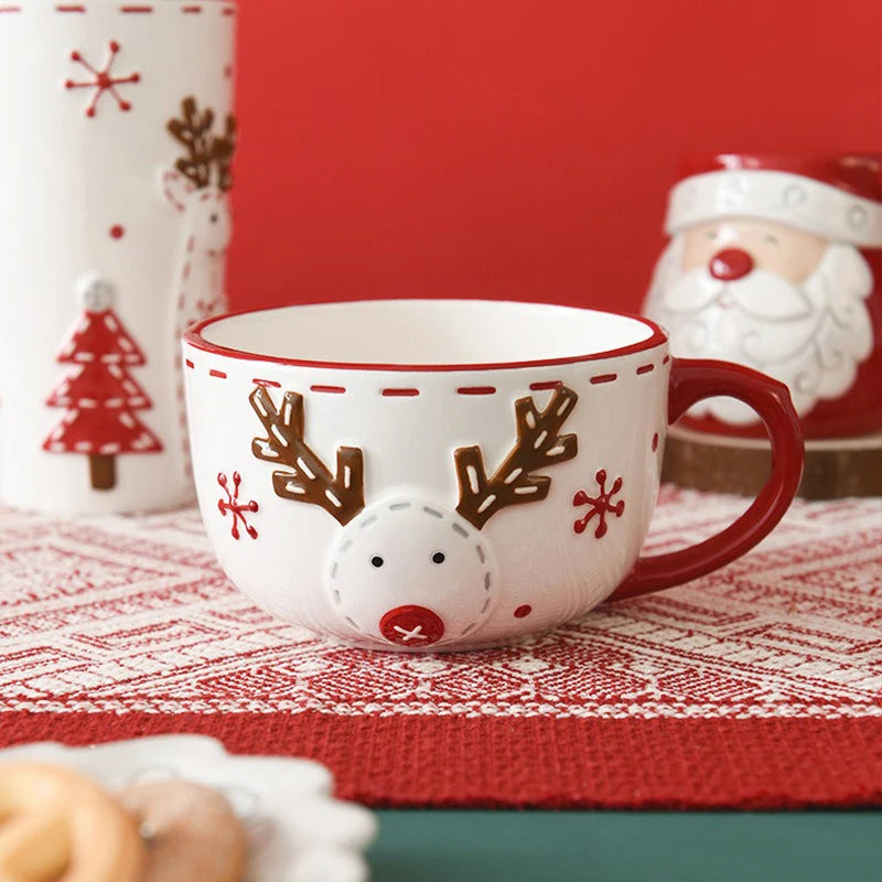 Nordic Christmas Ceramic Mug Santa Claus Cartoon Pattern Mousse Coffee Cup Home Breakfast Dessert Milk Mug for Kids Xmas Gift