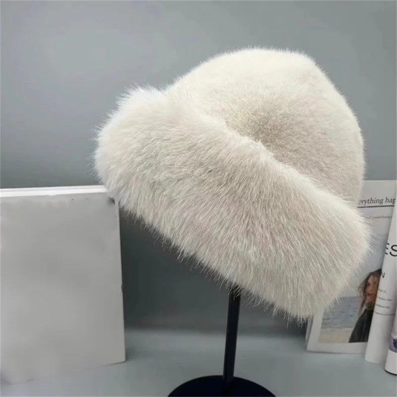 Winter Plush Hat Women Thickened Warm Bucket Hats For Women Men Simple Imitation Fur Ear Protection Cap Windproof Fisherman Cap