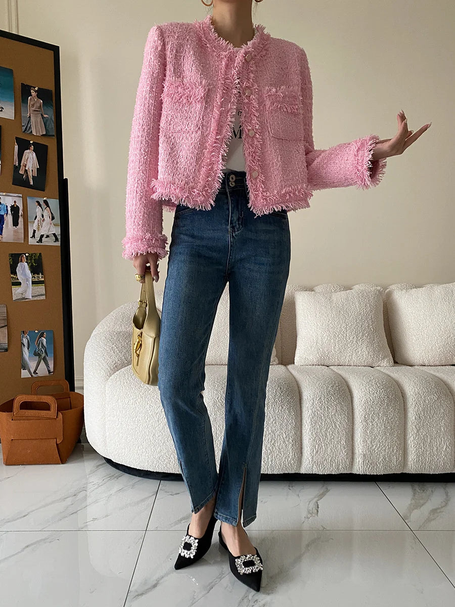 Pink Fringe Fur Shoulder Pad Tweed Jacket Blazer Boucle Crop Coat for Women 2023 Spring